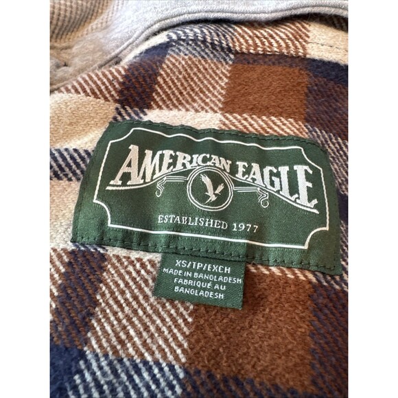 American Eagle AE Removable Hoodie Flannel Plaid Button Up Brown Blue Men's XS - Picture 4 of 11